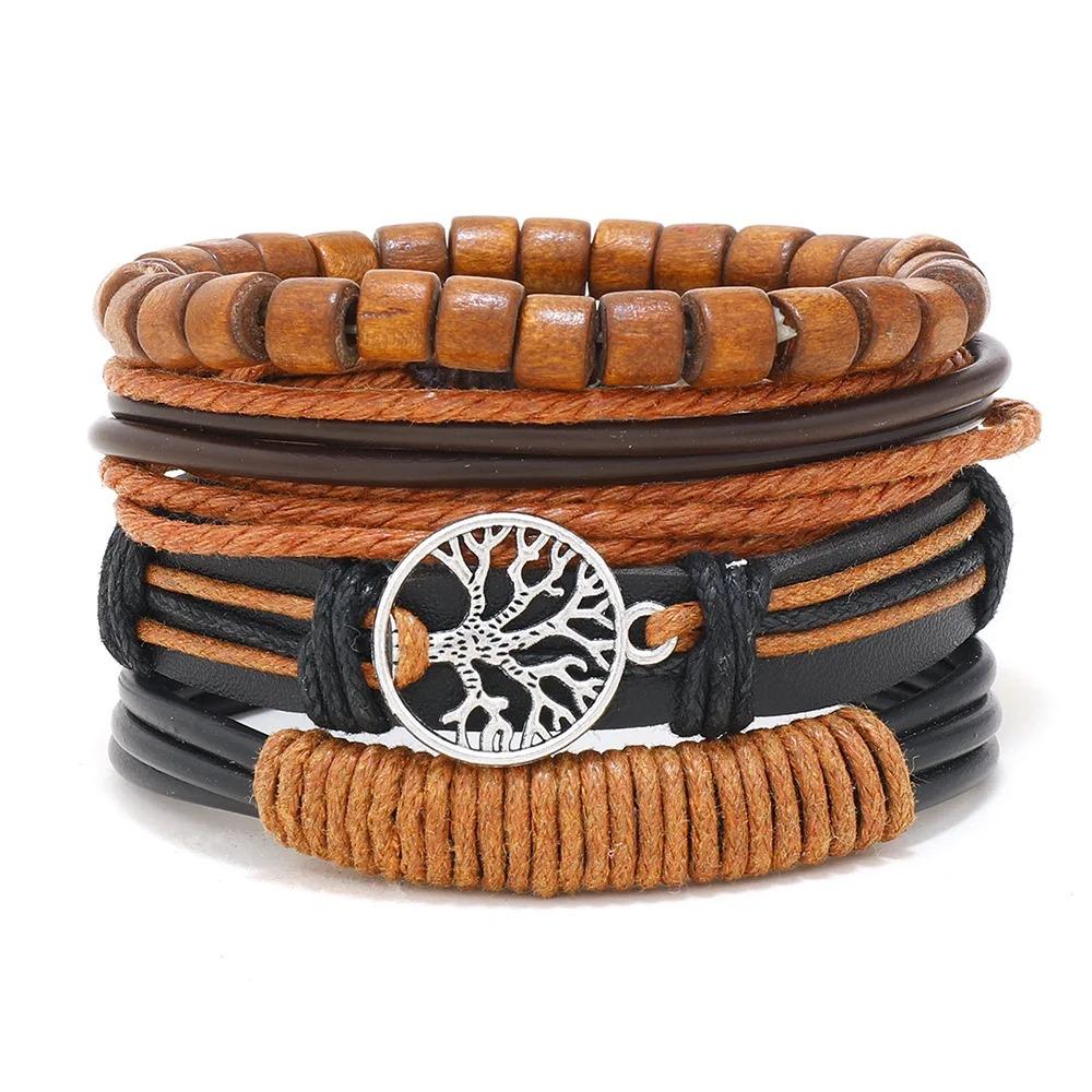 Braided Leather Bracelets for Men Vintage Life Tree Charm Wood Beads Ethnic Tribal Wristband Rope Bracelet Set