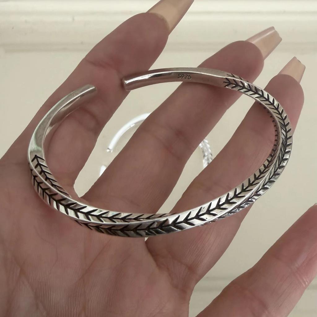 100% Solid 925 Sterling Silver Retro Bracelet for Women Men Vintage Handmade Narrow Leaf Pattern Simple Bracelet Birthday Gift