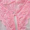 New Deep V Pink Transparent Lace One Piece Women Corset Sexy Bra Lingerie Exotic Bodysuit Pajamas Open Bow Snug Fitting Clothing
