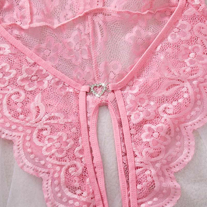 New Deep V Pink Transparent Lace One Piece Women Corset Sexy Bra Lingerie Exotic Bodysuit Pajamas Open Bow Snug Fitting Clothing
