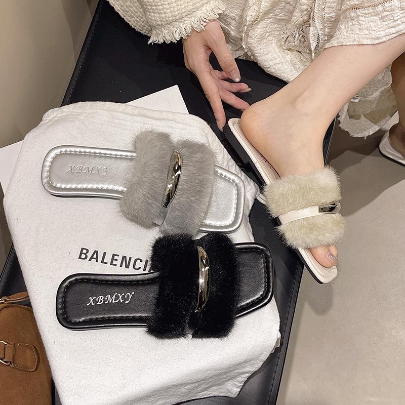 French Fairy Wind Fluffy Slippers Female Outer Wear 2025 Autumn and Winter New Small Fragrant Wind Flat Bottom Non-slip Lazy Word Drag