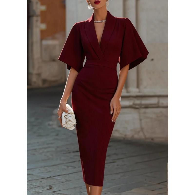 2026 Womens V-Neck Flared Sleeve Fitted Midi Dress Elegant Office Party Wear