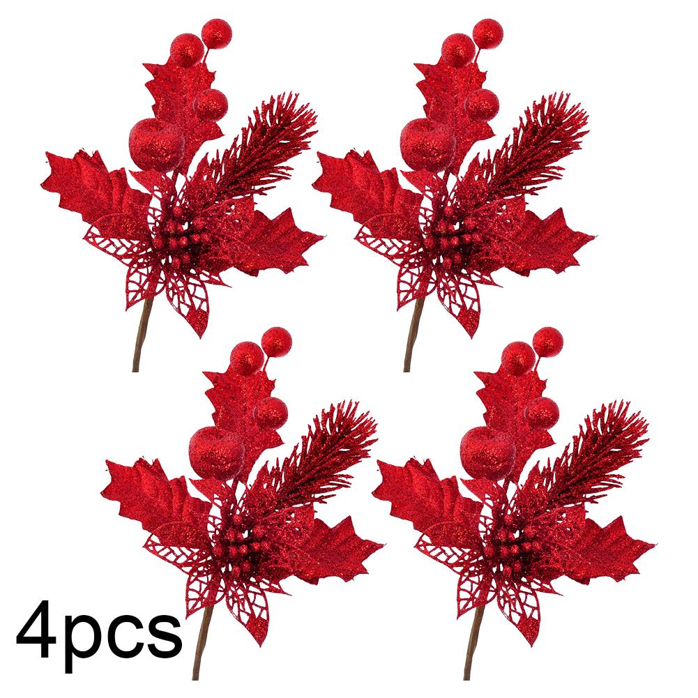 

4Pcs Simulation Christmas Tree Branches with Hollowed Fruit Spike Cuttings to Add Festive Elements to Seasonal Home Decor червоний
