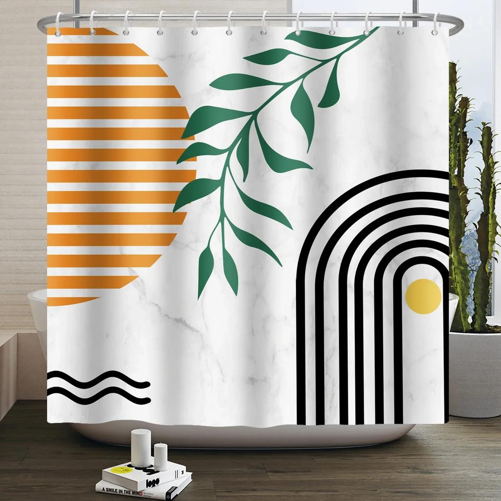 Mid Century Abstrakt Boho Duschvorhang Grünes Blatt Pflanze Modern Bogen Sonne Minimalistisch Nordisch Wasserdicht Badezimmer Badvorhang