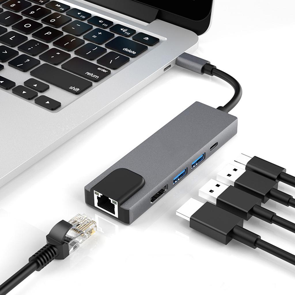 5 in 1 Type C Hub Aluminium Alloy Silver Gray High Speed USB C Dock Multiport Adapter for Type C Device