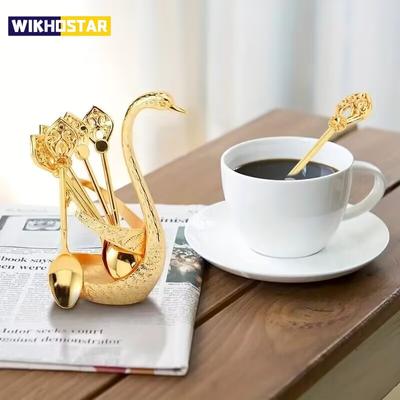 7PCS Conjunto de louças criativas de aço inoxidável, suporte decorativo de base de cisne com 6 colheres para café, frutas, sobremesa, mexer e misturar