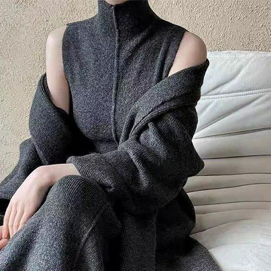 

High-End Autumn/Winter Two-Piece Set: Sleeveless Knit Dress & Long Knit Cardigan 2XL