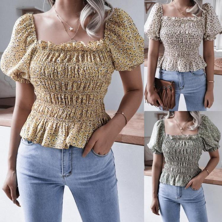 Chic bluse med blomsterprint for kvinner Vår Sommer Firkantet krage Korte lanternermer Kappehem Slank midje Chiffontopp Enkel S-XL
