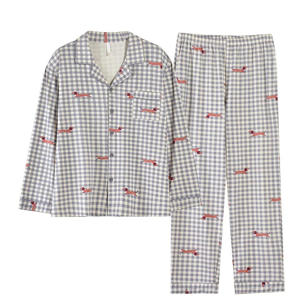 Autumn Cartoon Print Lycra Cotton Pajama Set with Lapel Collar