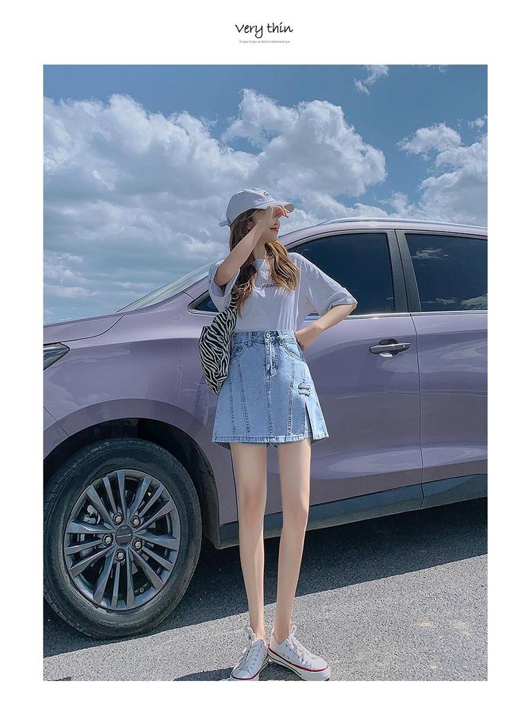 2024 Damen High Waist A-Linien Denim Skort: Schlankmachender Bodycon Minirock mit angenähten Shorts für den Sommer