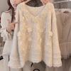 Three-dimensional flower design knitted sweater top autumn and winter new loose gentle wind sweater pullover woman