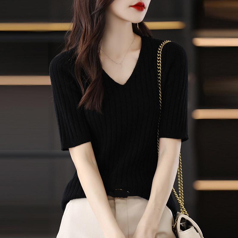 Women Sweaters Pullovers 2025 Summer Short Sleeve V-Neck Black Knitted Sweater Women Tops Pullover JJ303