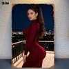 Pc Sign with Silhouette of a Woman In a Red Bodycon Dress Against a Nighttime Cityscape Background Iconic Figure Suitable for