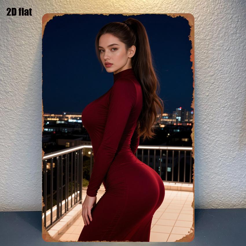 pc Sign with Silhouette of a Woman in a Red Bodycon Dress Against a Nighttime Cityscape Background Iconic Figure Suitable for