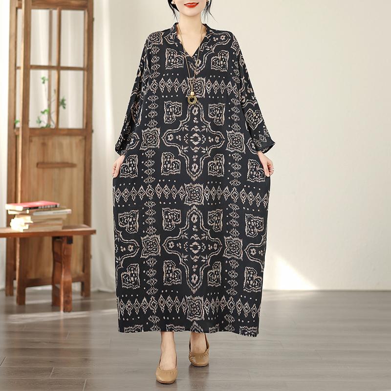 DIMANAF Neues Plus Size Damen Frühling Sommer Langes Kleid Locker Basic Vintage Oversize Langarm Maxi Geblümt 2026