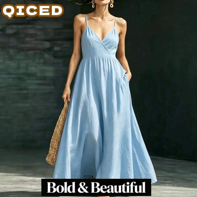 QICED Women's Fashion Summer Spring Solid Color Print V-Neck Sleeveless Casual Dresses