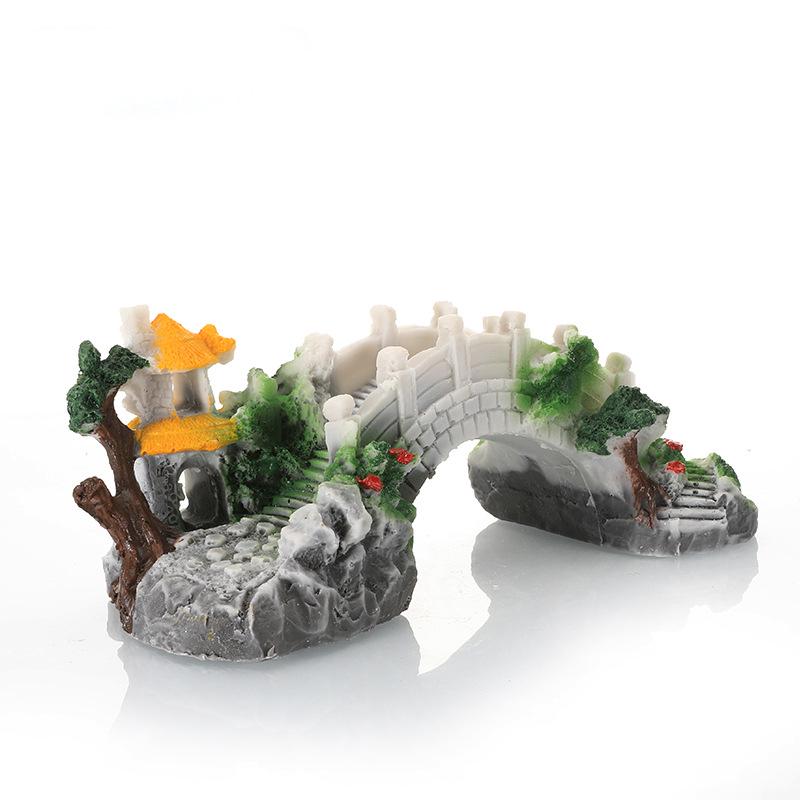 Fish Tank Decor: Artificial Mountain & Wooden Suspension Bridge Set