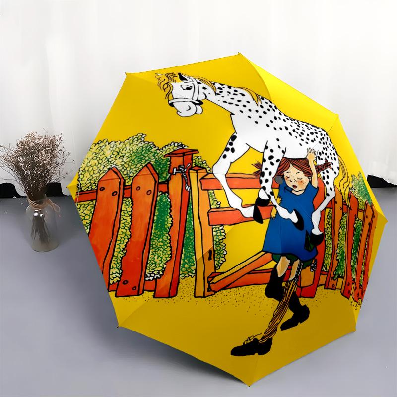 Pippi Longstocking pattern, automatic folding umbrella, portable and foldable design, 8 ribs, a Christmas or birthday gift.