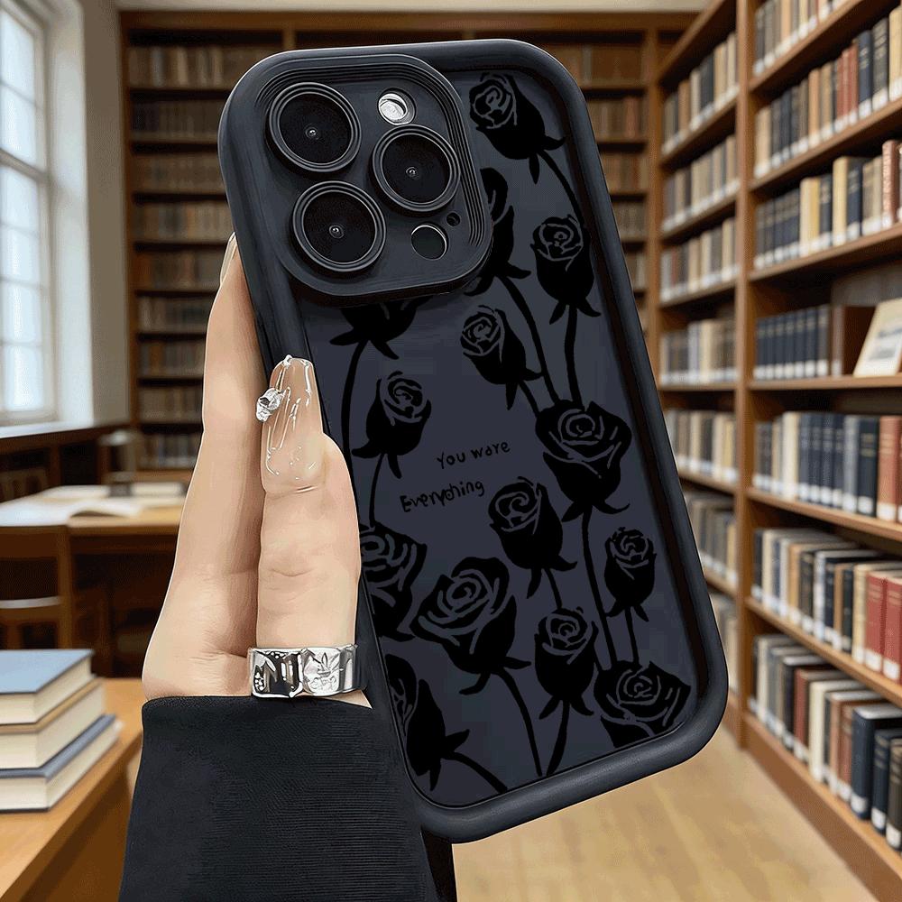 Black Rose Silhouettes Soft TPU Phone Case for iPhone 17 16 15 14 13 12 11 Pro Max Plus Shockproof Anti-Slip Cover