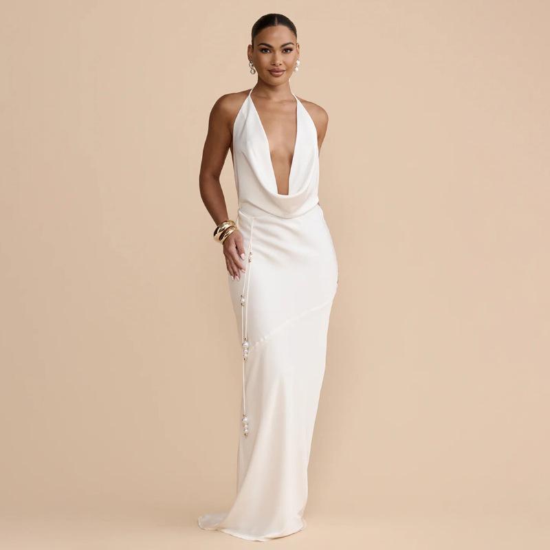 2026 Spring Halter Neck Open Back Strappy Dress - European & American Style, Slim & Flowy Design, Solid Color.
