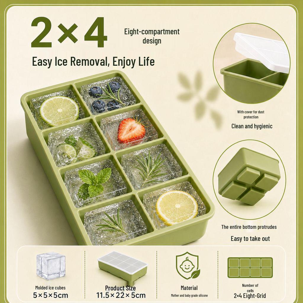 Square Ice Cube Tray with Lid - Large Silicone Mold for Home Use