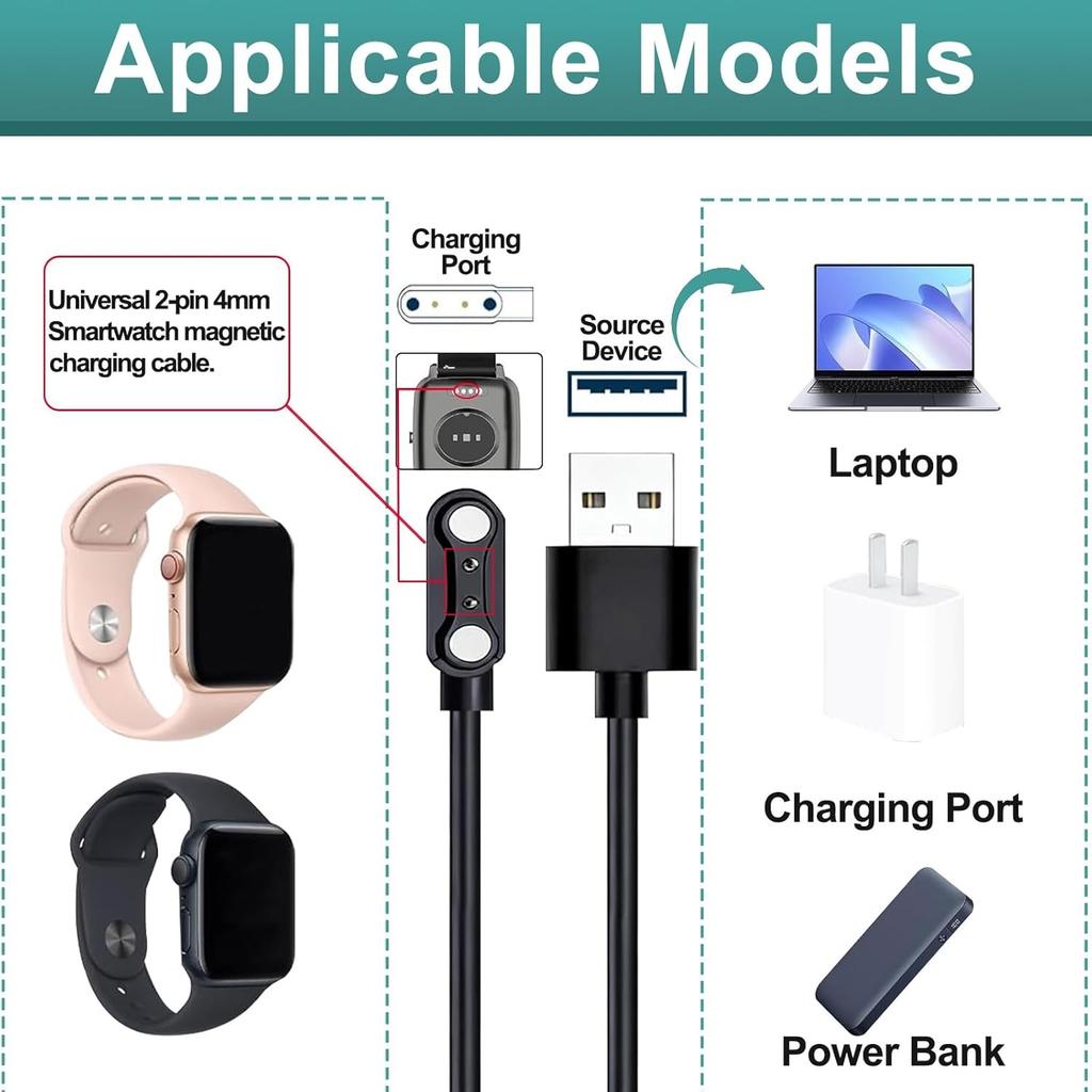 2 Stuks Universele Smartwatch Oplader, 2-Pin 4 mm Magnetische USB Oplaadkabel, Universeel Vervangend Oplaadsnoer voor Smartwatch & Fitness Tracker
