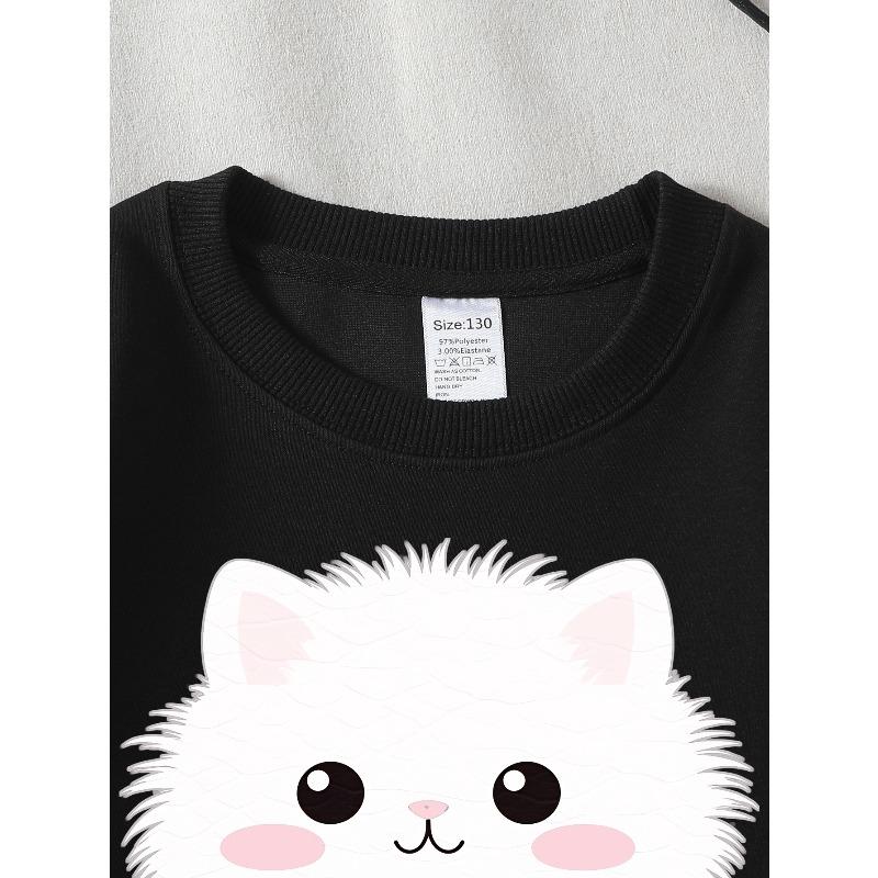 European Sizes Adorable White Cat Face Design On a Kids' Crewneck Sweatshirt, Soft And Comfy Sports And Casual Wear Is Ideal for Kids And Teens