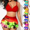Letni Strój Kąpielowy 2szt./Zestaw Damski Bikini Wzór Drzewa Falbanki Dwuczęściowy Słodki Bez Rękawów Kostium Kąpielowy na Plażę Seksowny
