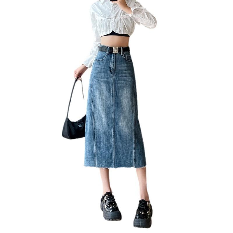Gonna di jeans da donna estiva Forcella aperta nella lunga sezione di gonna a trapezio sottile a vita alta con gonna a metà corpo