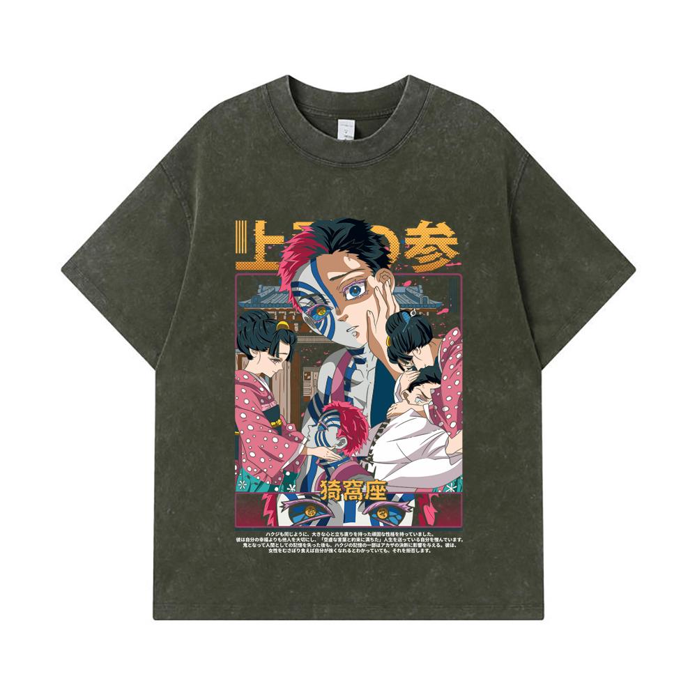 

275 GSM Washed T-shirts 100% Cotton Demon Slayer V25 Akaza Print Unisex Heavy Cotton T Shirt S армия зеленый