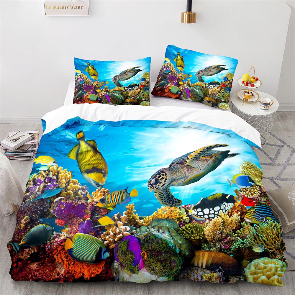 Underwater World Duvet Cover King Queen Blue Ocean Shark Bedding Set For Kids Sea Animal Coral Fish 2/3pcs Polyester Quilt Cover