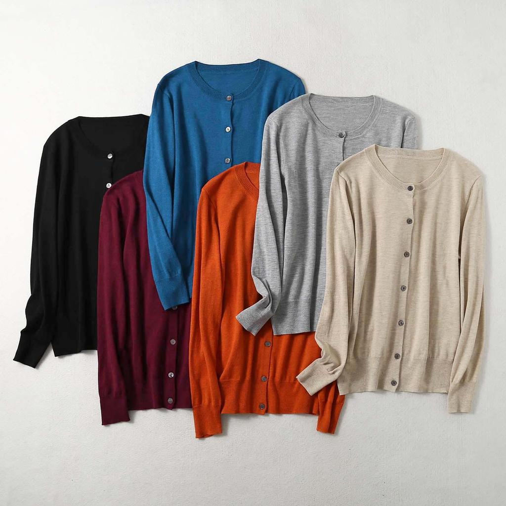 Women's Silk Cashmere Cotton Blend Round Neck Cardigan - Long Sleeve, Loose Knitwear for Spring/Autumn