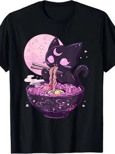 Pastel Goth Aesthetic Kawaii Creepy Cat Eating Ramen Noodles T-ShirtSame Style f S