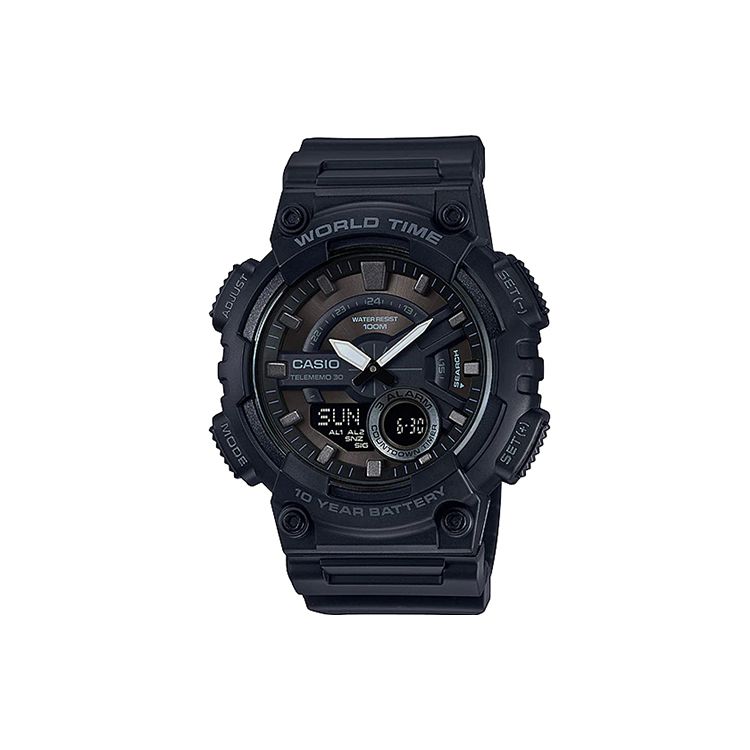 Casio Youth Series Round Dual Display Black Warrior Quartz Movement Resin Strap Watch Men watches AEQ-110W-1B Metal Watch Box (Free Gift)
