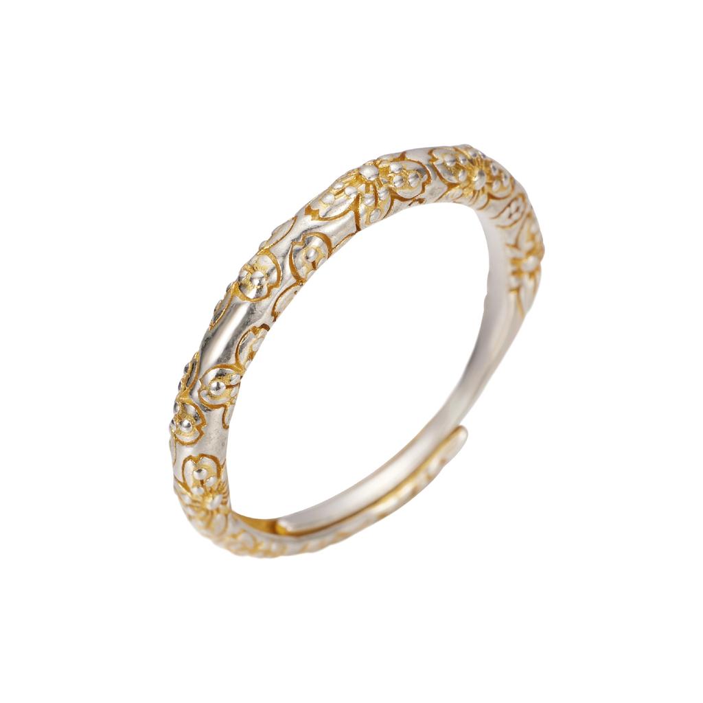 S925 Silver-painted Gold Cherry Blossom Plain Ring Women's Retro Color Separation Chinese Flower Ring Ethnic Style Open Ring Jewelry