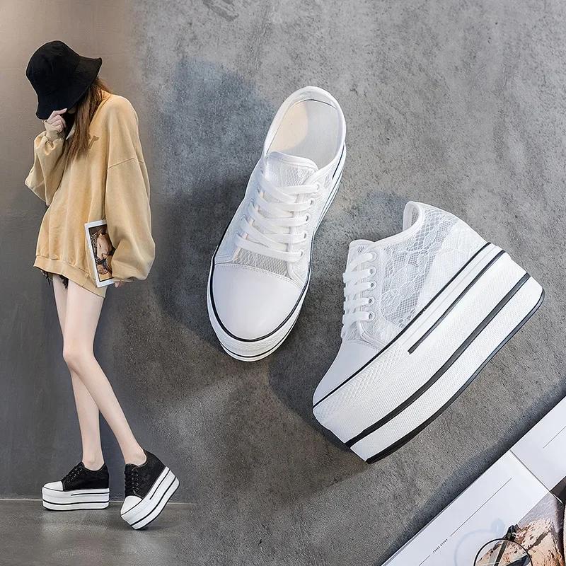 Modne 11CM Platforma Koturna Grube Sneakersy Ukryte Obcasy Casual Oddychające NOWE Wiosna Lato Wysokiej Marki Wulkanizowane Buty