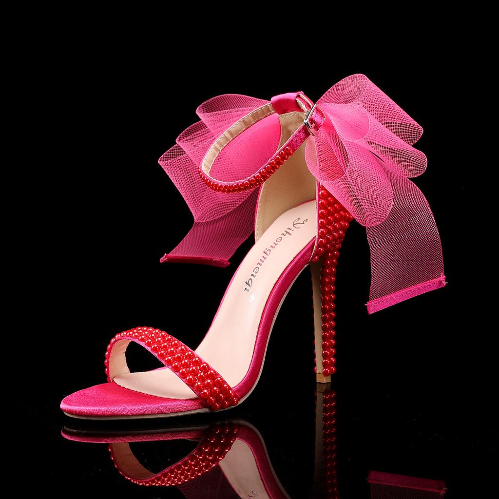 Sandalias De Mujer Fashion Hochwertige Brautschuhe für Damen Neue Perlennieten Luxuriöse Peep-Toe-High Heels mit Schnalle Zapatos Ladies 43