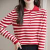 Autumn new lapel loose casual polo shirt womens pure cotton striped knitted sweater long sleeve foreign style bottoming shirt top