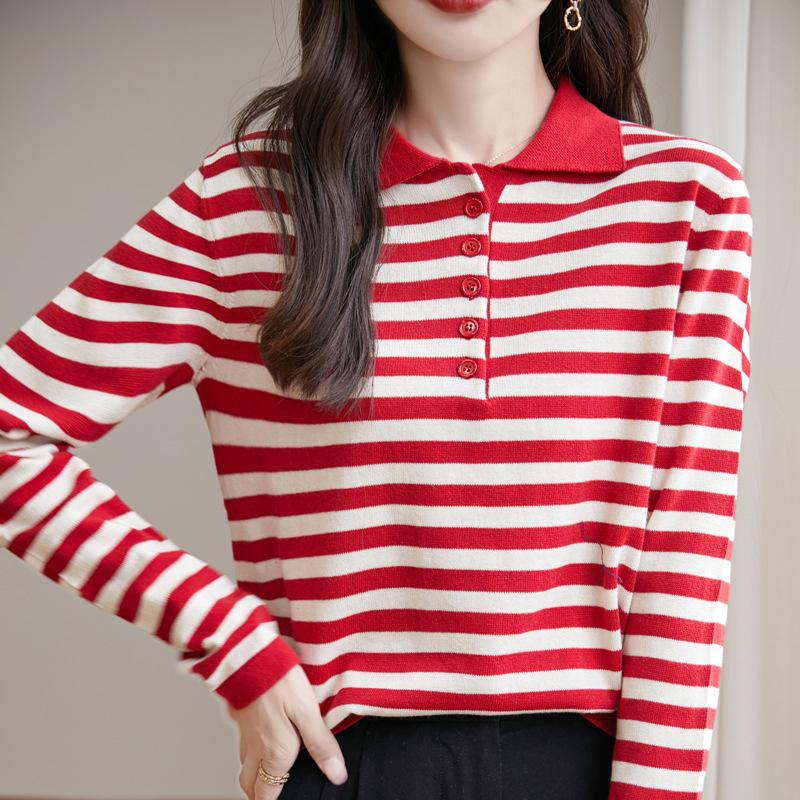 Autumn new lapel loose casual polo shirt womens pure cotton striped knitted sweater long sleeve foreign style bottoming shirt top