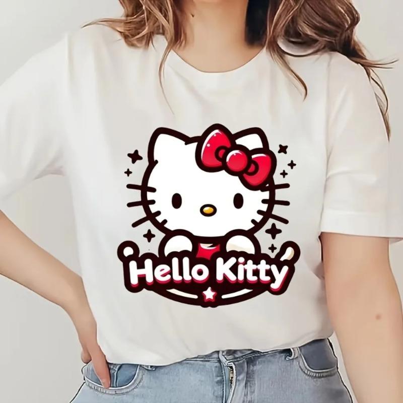 Sanrio Cat Girl Summer Tshirt Cute Modern Style Pure Cotton Soft Fabric Casual Fashion Womens Tshirt Round Neck Y2K Top