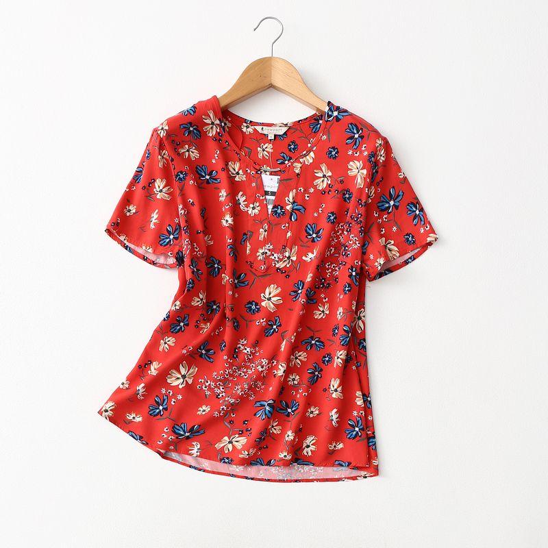 

~ Foreign Trade Original Order Loose Print Twill Cotton Silk Shirt Women s Short-Sleeved Artificial Cotton Pullover Tops Large Sizes Availiable Red Print European code-L (Bust size 110)