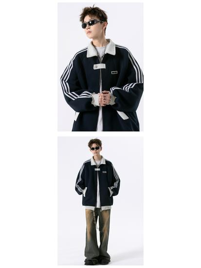 American Three-Stripes Unisex Heavyweight Baseball Jacket - Trendy Autumn/Winter Striped Patchwork Outerwear for Teens