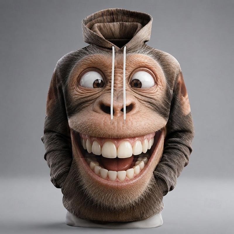 Men's Pig 3D Printed Hoodie, Funny Animal Monkey Graphic Hooded Sweatshirt, Long Sleeve Casual Streetwear Pullover Tops