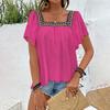 Summer Women Blouse Lace Embroidered Square Neck Backless Pullover Shirt Short Sleeve Lotus Leaf Holiday Spring S-XL
