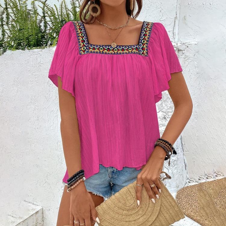 Summer Women Blouse Lace Embroidered Square Neck Backless Pullover Shirt Short Sleeve Lotus Leaf Holiday Spring S-XL