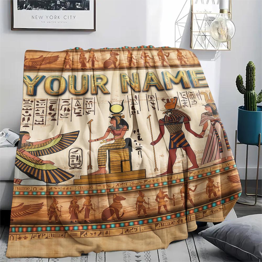 1PC Custom Name Golden Egyptian Pharaoh Patterned Flannel Blanket Suitable For All Seasons for Home Decor Warmth and Comfort Gifts Holiday Present_lx
