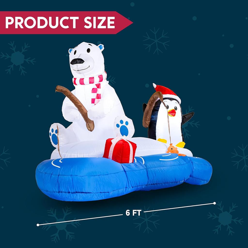 JOYFY 6 FT Long Christmas Inflatable Polar Bear Fishing with Penguin Decoration Blow Up Yard Decor Built-in LEDs for Christmas