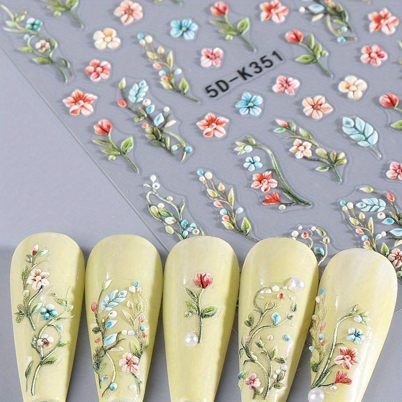 5D Geprägte Grüne Rankenblatt Blumenstrauß Nagelkunst Aufkleber, Frische Bunte Blühende Fünfblättrige Blume Blatt Nagelabziehbilder Hochzeitsnägel Designs DIY