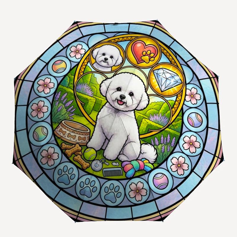 Glass Bichon Frise pattern umbrella, portable and foldable design, 8 ribs, a casual accessory for Halloween, Christmas, and birthday gifts.