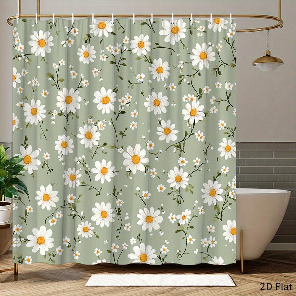 Botanical Daisy Illustration Shower Curtain 1Pc With 12 Hooks For Bathroom Home Decor Polyester 2D Flat Print 70.8X70.8 Inch